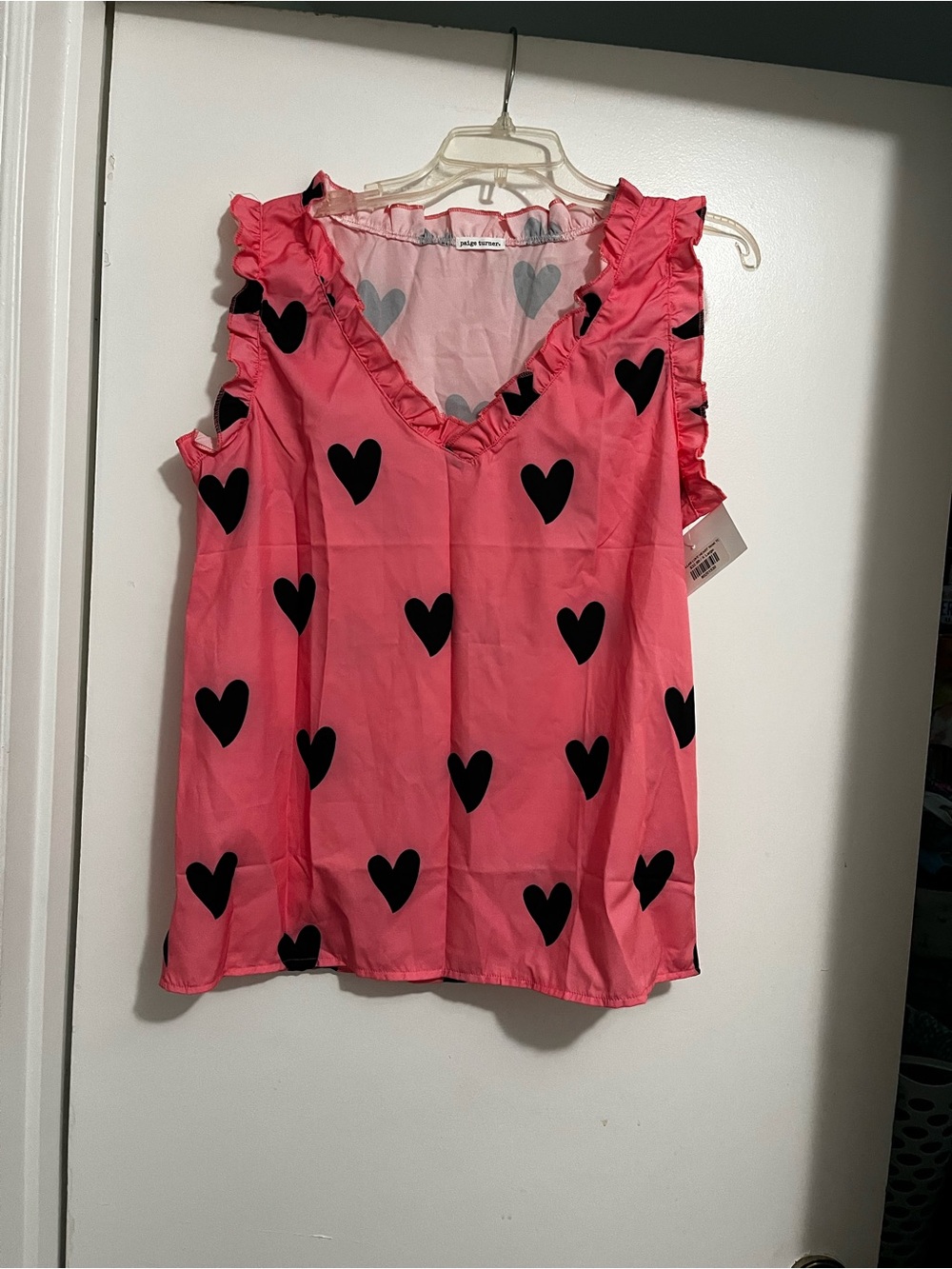 Pink Heart Print Ruffle V-Neck Sleeveless Top Brand New with tags